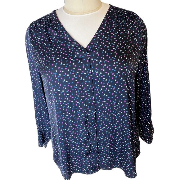 Jason Wu - Women's 1X Blouse Navy Polka Dot Long Balloon Sleeve V-Neck - Picture 1 of 13